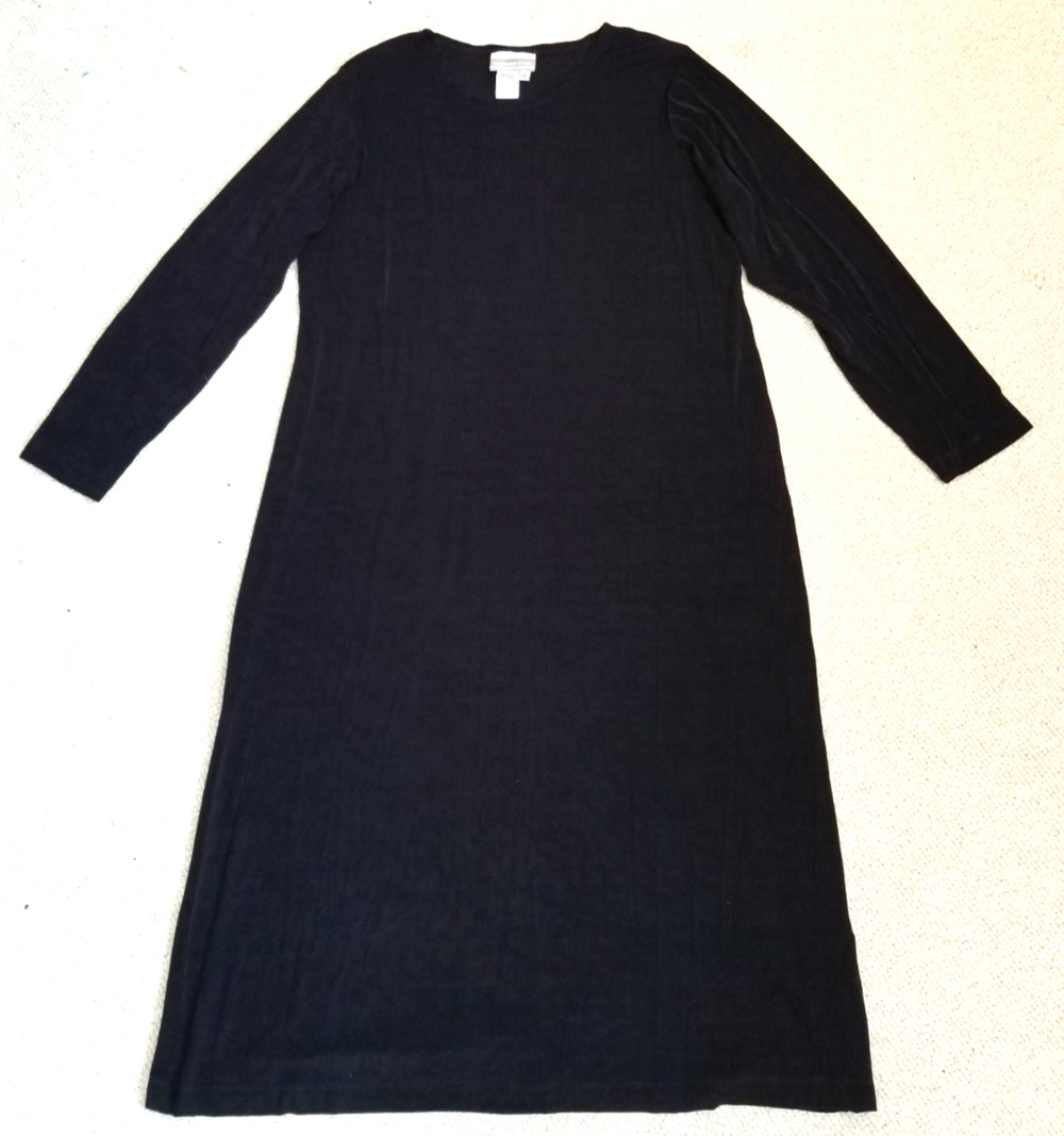 Womens Dress-COLDWATER CREEK-black slinky travel knit shift midi minimalist-PL